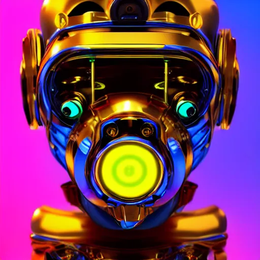 Prompt: portrait photo of a cute gold and blue glossy metallic futuristic steampunk robot ape with multicolored glowing gears and tubes and cables, crisp, wearing a atompunk mask, fluorescent colors, insanely detailed, 3 d render, front shot