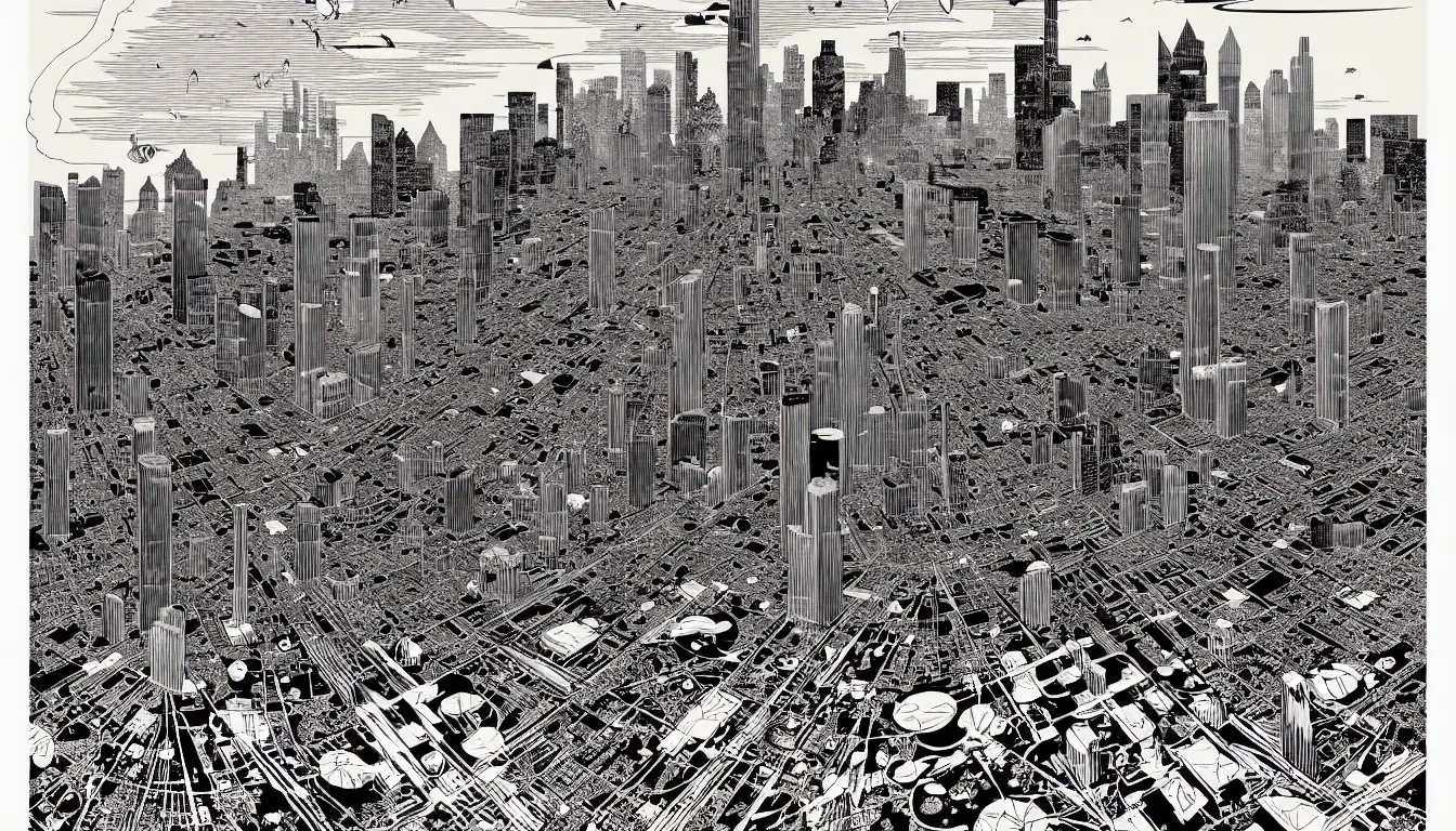 Prompt: detroit by woodblock print, nicolas delort, moebius, victo ngai, josan gonzalez, kilian eng