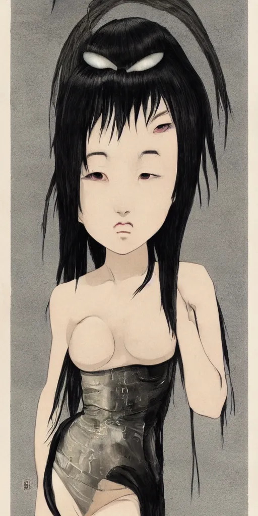 Image similar to a young japanese woman by h. r. giger her hair is dark black pig tails, she has large entirely - black eyes. she is wearing a white bikini top, a white short wet shear skirt, a black choker, and black open toed heels, alien spaceship, rain inside ship