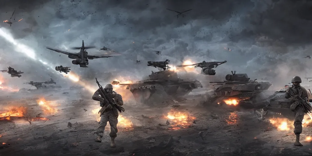 Image similar to concept art, world war iii, war scenes, super wide - angle, uav, soldiers'remote command, special forces'launching kinetic energy weapons, launching tracking missiles, armor piercing missiles, drag light bombs, backlight, cyberpunk, call of duty, future war, smooth lines, high detail, 8 k, octane rendering, unreal engine.