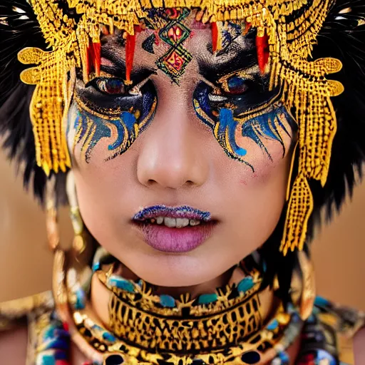 Prompt: portrait of a stunningly beautiful asian tribal female, small amount of traditional facepainting, feathers gold studded jewellery, depth of field, zeiss lens, detailed, symmetrical, centered, fashion photoshoot, by Annie Leibovitz and Steve McCurry, David Lazar, Jimmy Nelsson, Breathtaking, 8k resolution, extremely detailed, beautiful, establishing shot, artistic, hyperrealistic, beautiful face, octane render