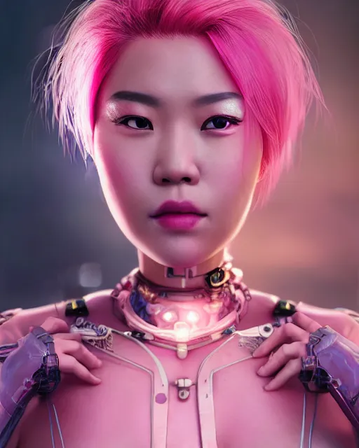 Image similar to portrait of a beautiful asian woman with pink hair as a cyberpunk cyborg, sci - fi, missing panels, intricate abstract upper body intricate artwork, concept art, octane render, deviantart, cinematic, key art, hyperrealism, iridescent accents, portrait photograph, nikon 3 5 mm, photograph by annie leibovitz and steve mccurry, greg rutkowski