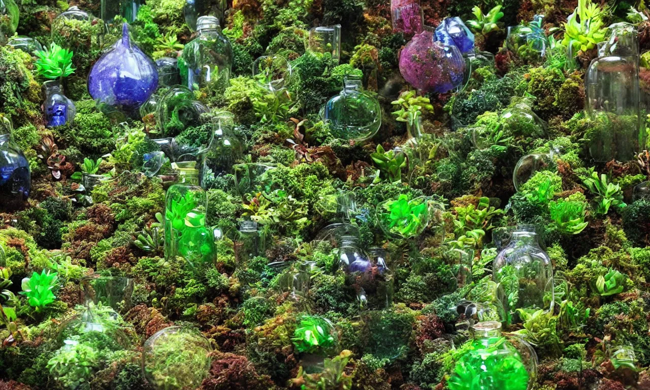 Image similar to terrarium worlds made of lush rainforests in mccartney bottles 8 k /