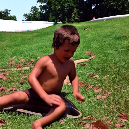 Image similar to kid going down chocolate pudding slip n slide head first, photo taken at the park