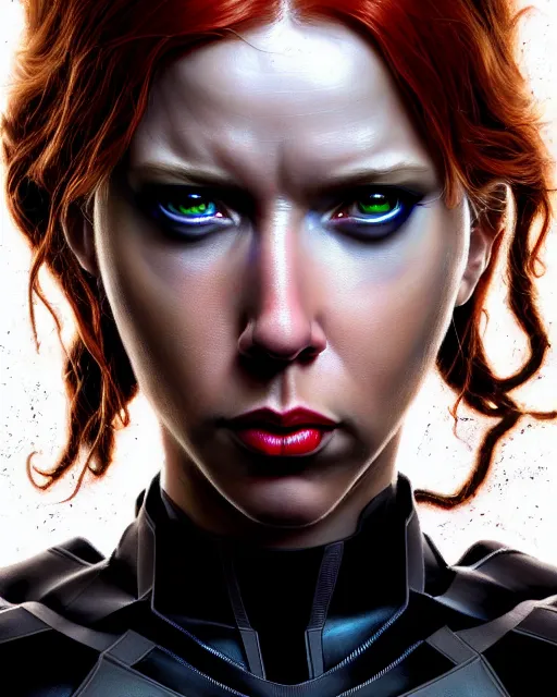 Image similar to hyperrealistic mixed media painting of Black Widow, marvel, heroic pose, stunning 3d render inspired art by P. Craig Russell and Barry Windsor-Smith + perfect facial symmetry + dim volumetric lighting, 8k octane beautifully detailed render, post-processing, extremely hyperdetailed, intricate, epic composition, grim yet sparkling atmosphere, cinematic lighting + masterpiece, trending on artstation, very very detailed, masterpiece, stunning