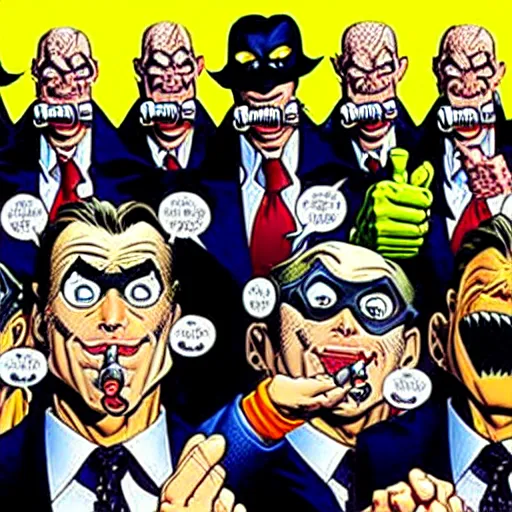 Image similar to drawing of gotham city's finest investigative reporter jack ryder with 1 4 tiny jokers reaching out of his mouth, 4 k art by brian bolland, graphic novel cover art