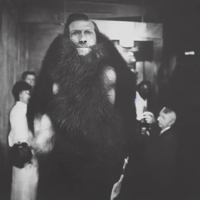 Prompt: Sepiatone medium shot shallow depth of field hyperrealistic fashion Photograph of a hirsute Werewolf with perfect hair wearing a bespoke Savile Row suit drinking in a dark dive bar by Lisette Model by Diane Arbus by Herb Ritts in 1965, grainy shocking detail hyperrealistic trending on artstation