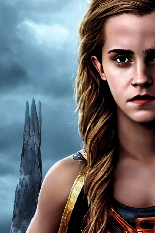 Prompt: photorealistic art of Emma Watson as the mighty Thor, cinematic lighting, horror art, 8k, intricate detailing