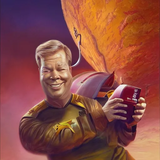 Image similar to young william shatner as captain kirk Funny cartoonish by Gediminas Pranckevicius H 704 and mort drucker Tomasz Alen Kopera, masterpiece, trending on artstation