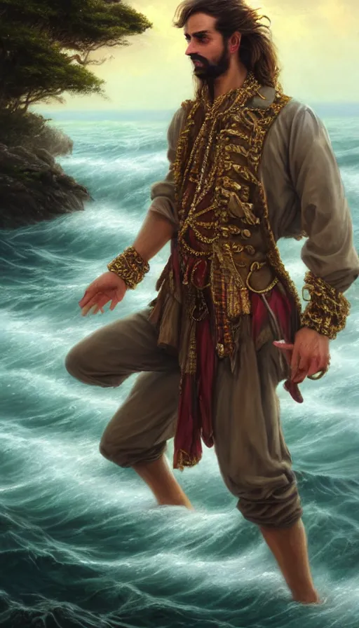 Prompt: elegant corsaire captain, stern look, late xix century commodore vest, full body portrait xix immpresionist paint, wild ocean background, highly detailed, digital painting, artstation, concept art, sharp focus, illustration, art by Artgerm, Grafit Studio, and Greg Rutkowski, Craig Mullins, Stanley Artgerm Lau, WLOP, Ross tran, James Jean, Andrei Riabovitchev, Marc Simonetti, magic the gathering, trending on ArtStation, digital art - W 640