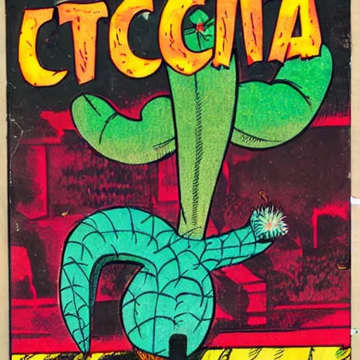 Prompt: Cactus-man, golden age comic book cover illustration