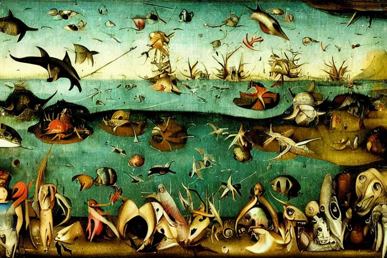 Prompt: a lake filled with fish people, dolphins, flippers hybrid half man half fish, monstruous dolphins, lizards, frogs, toads, jumping flying and eating frogs, close up detail of a masterpiece painting by hieronymus bosch