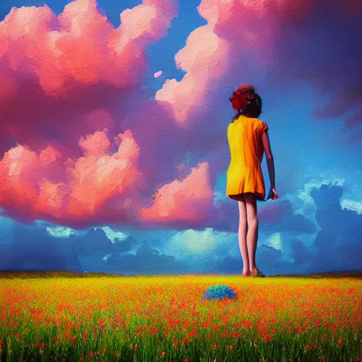 Image similar to large flower afro, full body, girl standing in the middle of a field with flowers, surreal photography, hills, sunrise dramatic light, impressionist painting, colorful clouds, digital painting, pointillism, artstation, simon stalenhag