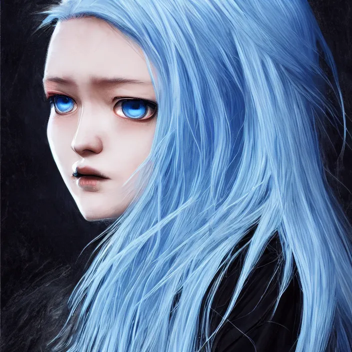 Image similar to full face shot of rimuru tempest, sky blue straight hair, long bangs, with amber eyes, wearing a black jacket, high collar, ultra detailed, concept art, award winning photography, digital painting, cinematic, wlop artstation, closeup, pixiv, evil, yoshitaka amano, andy warhol, ilya kuvshinov,