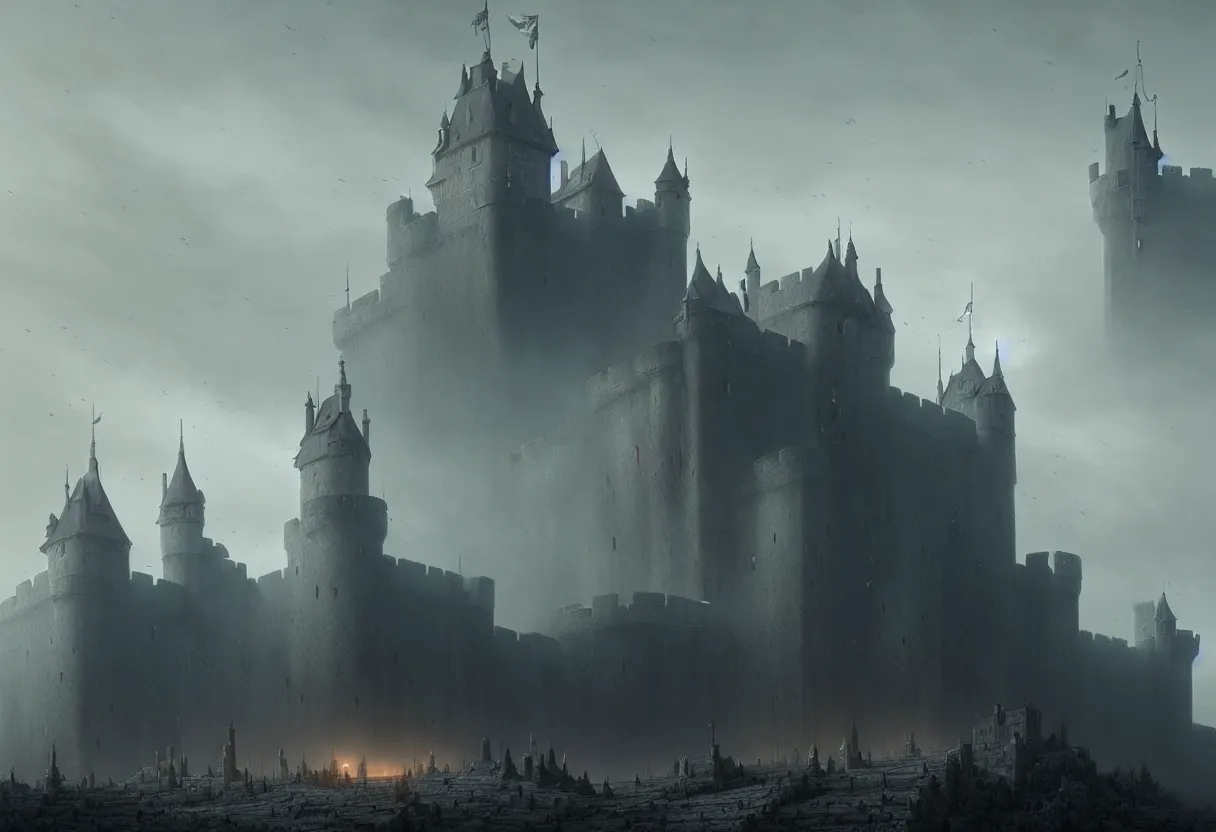 Image similar to castle with 3 0 years war, ultra high definition, ultra detailed, symmetry, fog, matte painting, by greg rutkowski and ross tran and wlop