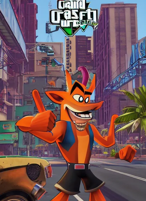 Prompt: Crash Bandicoot as a gangster in GTA V, Cover Art by Tristan Eaton, Boxart, Loading Screen. 8k Resolution