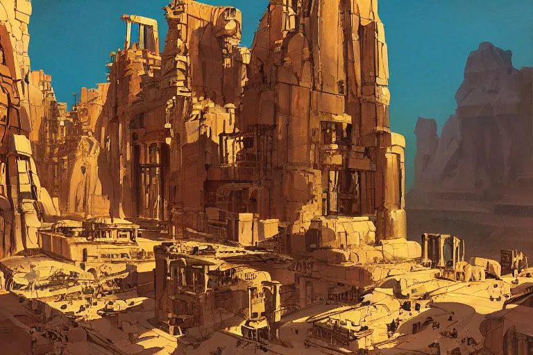 Image similar to an architectural painting of the ruins of an archaic city of ancient persia looming above a canyon by syd mead and and james gilleard in the style of hugh ferriss, ancient persian architrcture by hugh ferriss