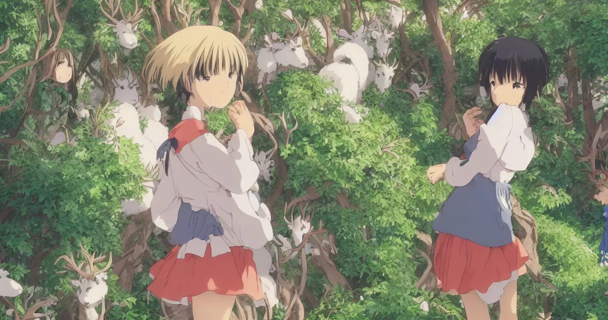 Prompt: anime girl peeking behind a bush while looking at a pack of reindeers, beautiful ambiance, studio ghibli style, by hayao miyazaki, sharp focus, very detailed, 4k