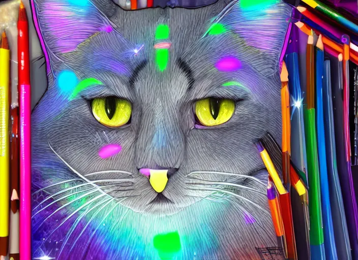 Image similar to coloring book drawing of a cat from a musical sparkly digital space opera, Animated film, volumetric lighting, octane render, by Paul Anglada