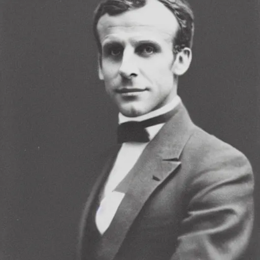 Prompt: photograph of emmanuel macron by edwardian, male, 1 9 0 0 s, 1 9 1 0 s, grainy, slightly blurry, faded, realistic face