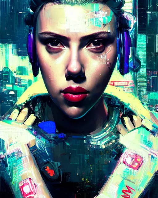 Image similar to detailed portrait Scarlett Johansson, cyberpunk futuristic neon, reflective crop top and shorts, boxing gloves, decorated with traditional Japanese ornaments by Ismail inceoglu dragan bibin hans thoma greg rutkowski Alexandros Pyromallis Nekro Rene Maritte Illustrated, Perfect face, fine details, realistic shaded, fine-face, pretty face