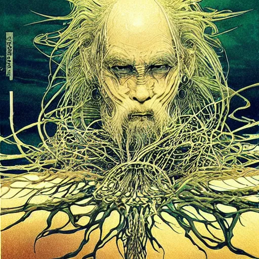 Image similar to simple concept art of, ‘ the old god ’. an award winning yoshitaka amano digital art poster, by james gurney and gerhard richter. art by takato yamamoto. masterpiece, deep colours.