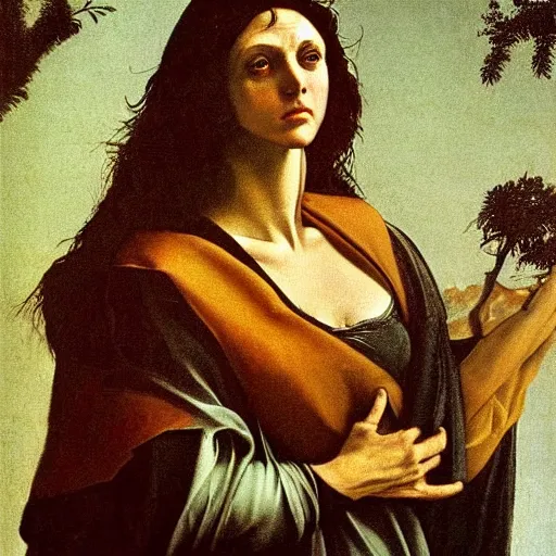 Image similar to portrait of beautyful witch circe in the odyssey, art by petrus christus, caravaggio, leonardo da vinci