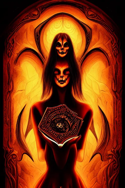 Image similar to illustration of demoness with a book of necronomicon, symmetrical, cinematic, sharp focus, 4 k, ultra hd, sense of awe, sinister demonic atmosphere, dreadful, forbidden knowledge, old gods. demonology journal cover