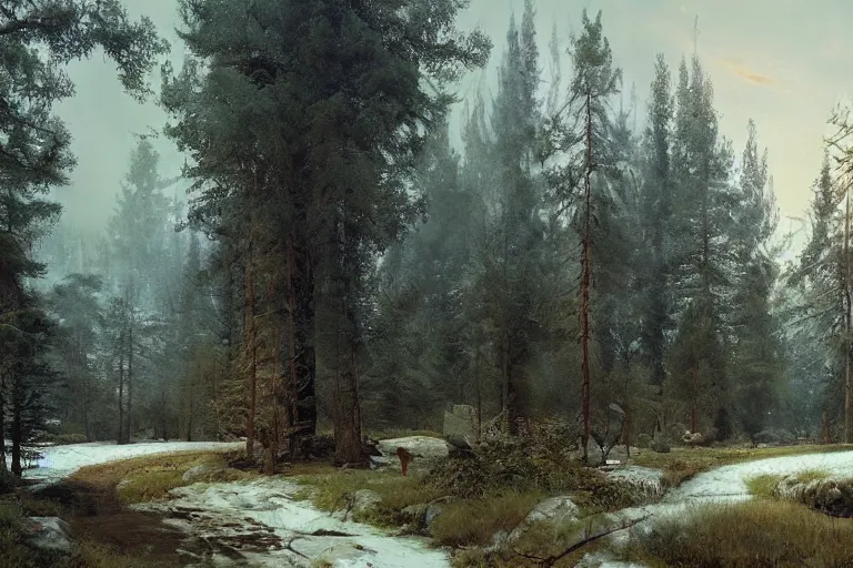 Image similar to A beautiful painting of russian village in dark forest by ivan shishkin and arkhip kuindji, trending on artstation, matte painting