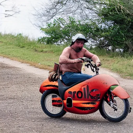 Prompt: a man riding a shrimp motorcycle