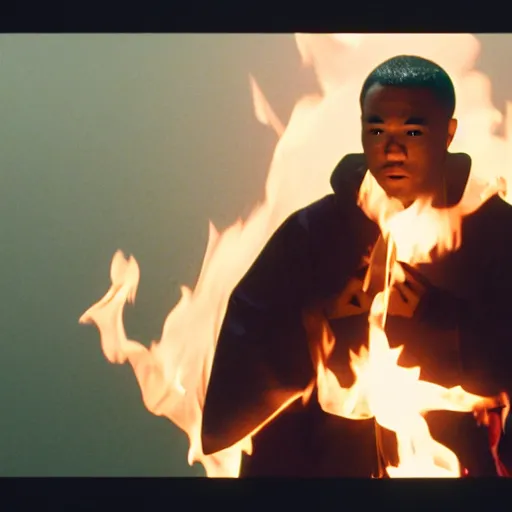 Image similar to cinematic film still of rapper JID starring as a Japanese Sensei with fire, Japanese CGI, VFX, 2003, 40mm lens, shallow depth of field, film photography