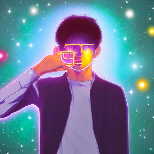 Image similar to A man drinking a cup of cosmic energy bright light by Masafumi Harada, 4k, digital art, surreal, anime style, Park Sung-woo Red Ice style