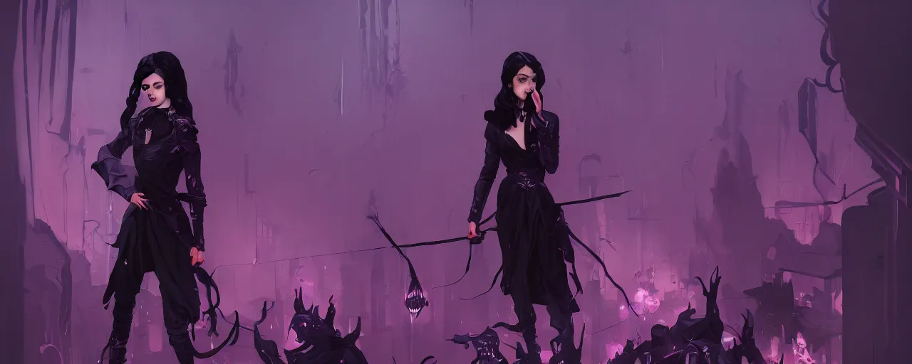 Image similar to duotone dark lilac background noir illustration 3 / 4 portrait of iris von everec black hair in dark gothic furneal clothes. eatheral dreamy atmosphere dynamic composition by sachin teng and sergey kolesov and ruan jia and heng z. graffiti art, scifi, fantasy, hyper detailed. octane render. concept art. trending on artstation