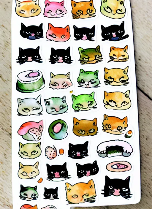 Image similar to cute cats and sushi watercolour sticker sheet