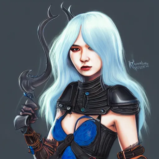 Image similar to illustrated realistic portrait female ram-horned kobold with asymmetrical bob haircut blue hair with black evil devil eyes wearing strap leather armor by rossdraws