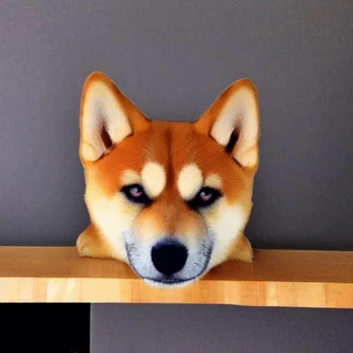 Prompt: the face of a shiba inu blended into the side of a loaf of bread on a kitchen bench