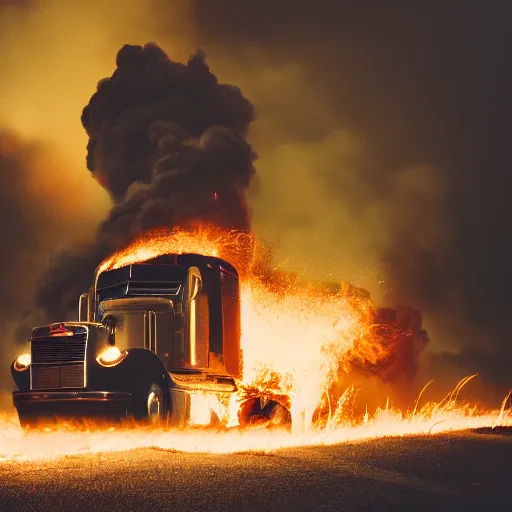 Prompt: analog photograph of a truck on fire, big smoke clouds visible, flames, sparks, film grain, depth of field, bokeh, color bleed