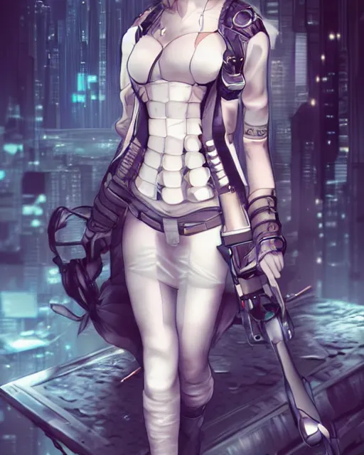 Image similar to The successful warrior is the average man, with laser-like focus, artwork by artgerm, anime, cyberpunk streets in Japan, elegant, seductive, long white hair, knee high socks, extra short blue plaid skirt, white blouse, army boots, full shot, wide-shot, long-shot, fantasy, mystical, magical