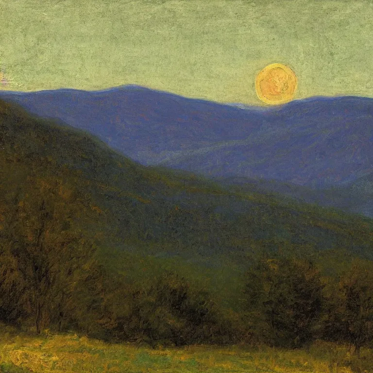 Image similar to vermont mountains, supermoon, abbott handerson thayer painting, blue palette