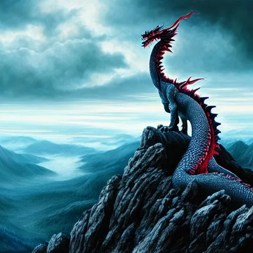 Prompt: giant dragon standing on a mountain, highly detailed, 4 k, hdr, award - winning, painting by gottfried helnwein