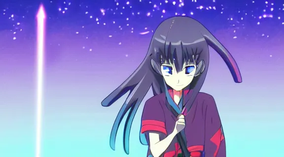 Image similar to Anime Screenshot of a Tohru HOLDING A KATANA at night, strong blue rimlit, visual-key, Nighttime Moonlit, cowboy shot anime illustration BY STUDIO TRIGGER