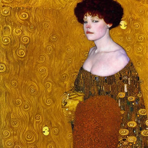 Prompt: An angelic woman with short red hair in golden garbs by Gustav Klimt, ornate golden background, detailed