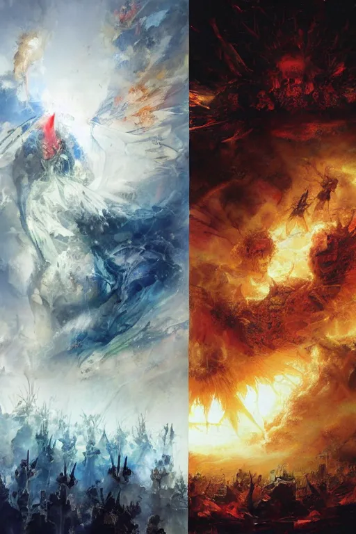 Prompt: we are the gods of the new world order, we are the soldiers, the legion of light! we are the center, the death of the sun, fire and flame, we are one!, by ryohei hase, by john berkey, by jakub rozalski, by john martin
