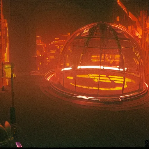 Prompt: 35mm film still blade runner set on Mars in an neon city, domes made of glas by Alex grey