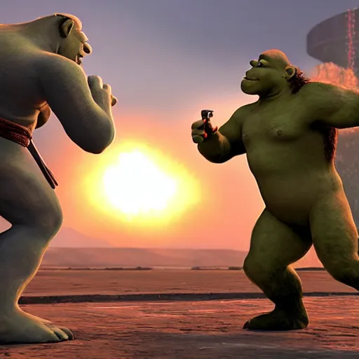 Prompt: ultra wide gameplay screenshot, shrek fighting with steven armstrong ( metal gear ) on a helipad, epic, world record, digital illustration radiating a glowing aura global illumination ray tracing hdr fanart arstation