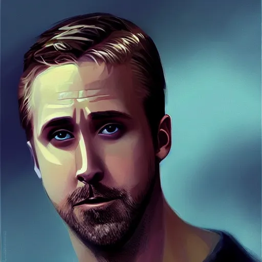 Image similar to “Portrait of Ryan Gosling by Greg Rutkowski, young, attractive, highly detailed portrait, scifi, digital painting, artstation, concept art, smooth, sharp foccus ilustration, Artstation HQ”