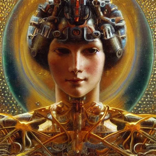 Image similar to highly detailed portrait of an humanoid robotic dmt mecha, painting by gaston bussiere, craig mullins, j. c. leyendecker, lights, art by ernst haeckel, john william godward, hammershøi, alex grey