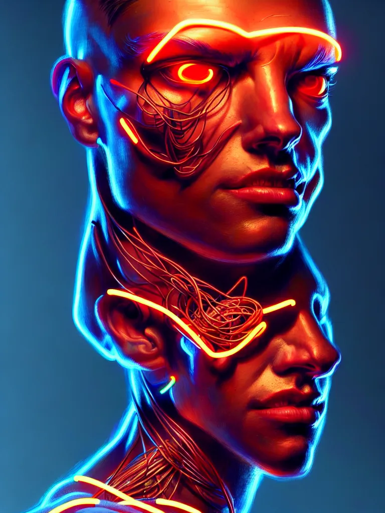 Image similar to portrait of male humanoid, intricate, perfect anatomy, neon lighting, highly detailed, digital photography, artstation, stylish pose, concept art, smooth, sharp focus, illustration, art by artgerm and greg rutkowski