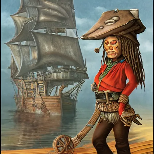 Prompt: full body concept art of a female pirate by Jacek Yerka