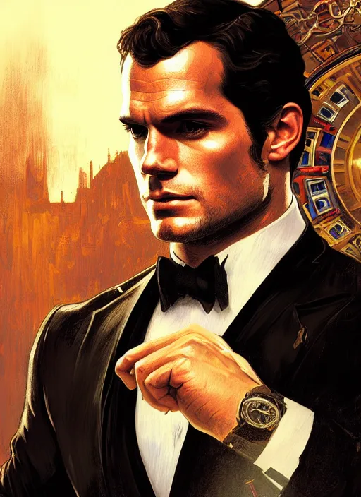 Image similar to portrait of henry cavill as james bond, casino, key art, falling, opulent, highly detailed, digital painting, artstation, concept art, cinematic lighting, sharp focus, illustration, by gaston bussiere alphonse mucha